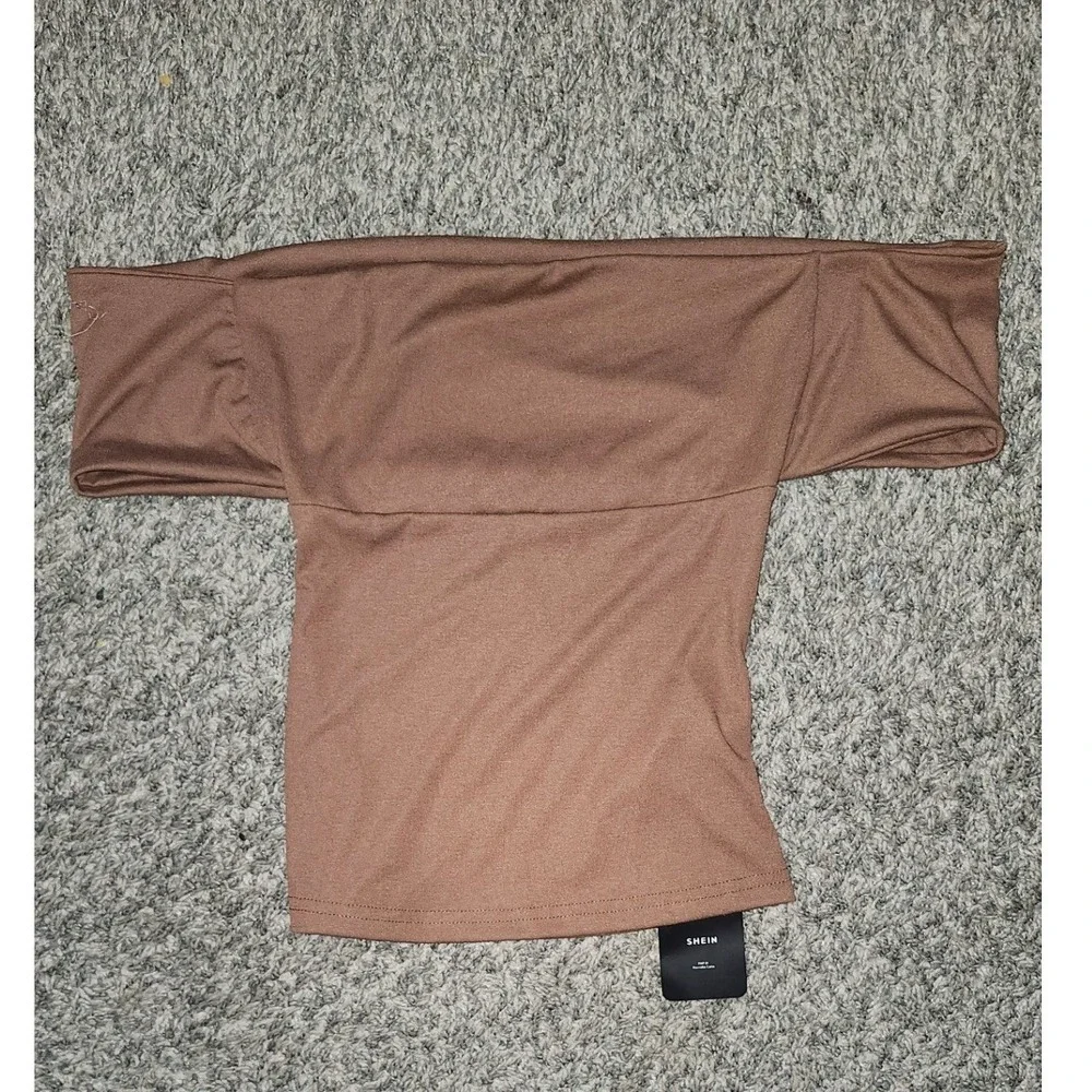 Shein Womens Brown Off The Shoulder Bardot Top Short Sleeve Slim Fit Stretch New